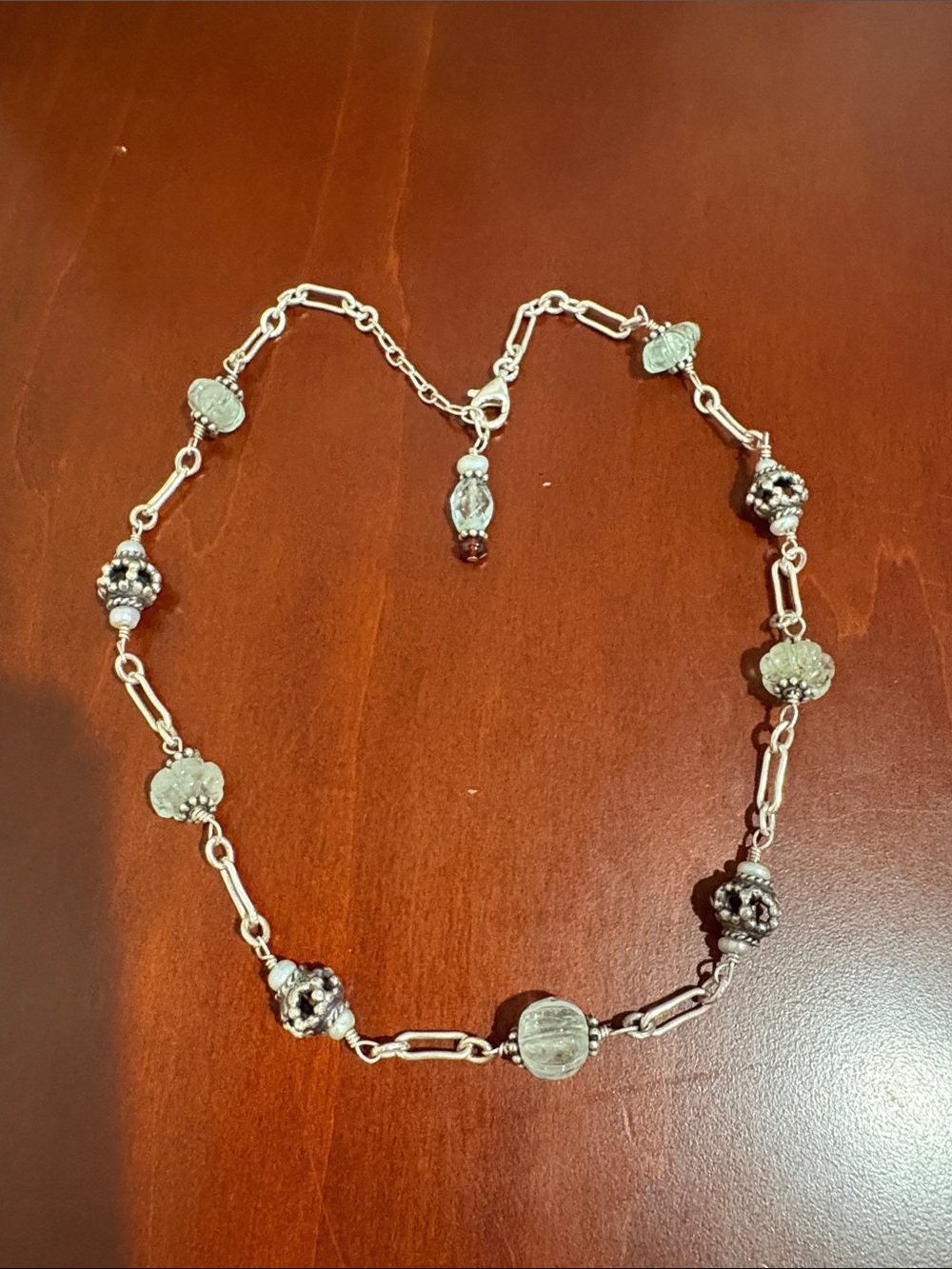 1990’s Sterling Silver, Pearl, & Glass Bead Necklace w/Garnet Accent